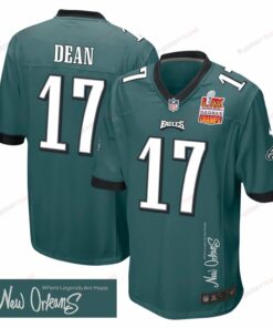 Nakobe Dean 17 Philadelphia Eagles Super Bowl LIX Champions Patch 'New Orleans - Where Legends Are Made' EMBROIDERED Game Men Jersey - Midnight Green JS6383 nicesnker