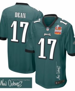 Nakobe Dean 17 Philadelphia Eagles Super Bowl LIX Champions Patch 'New Orleans - Where Passion Ignites' EMBROIDERED Game Men Jersey - Midnight Green JS4866 nicesnker