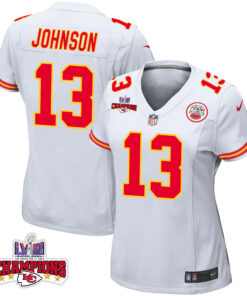 Nazeeh Johnson 13 Kansas City Chiefs Super Bowl LVIII Champions 4 Stars Patch Game Women Jersey - White JS2644 nicesnker