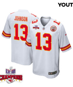 Nazeeh Johnson 13 Kansas City Chiefs Super Bowl LVIII Champions 4 Stars Patch Game YOUTH Jersey - White JS3815 nicesnker