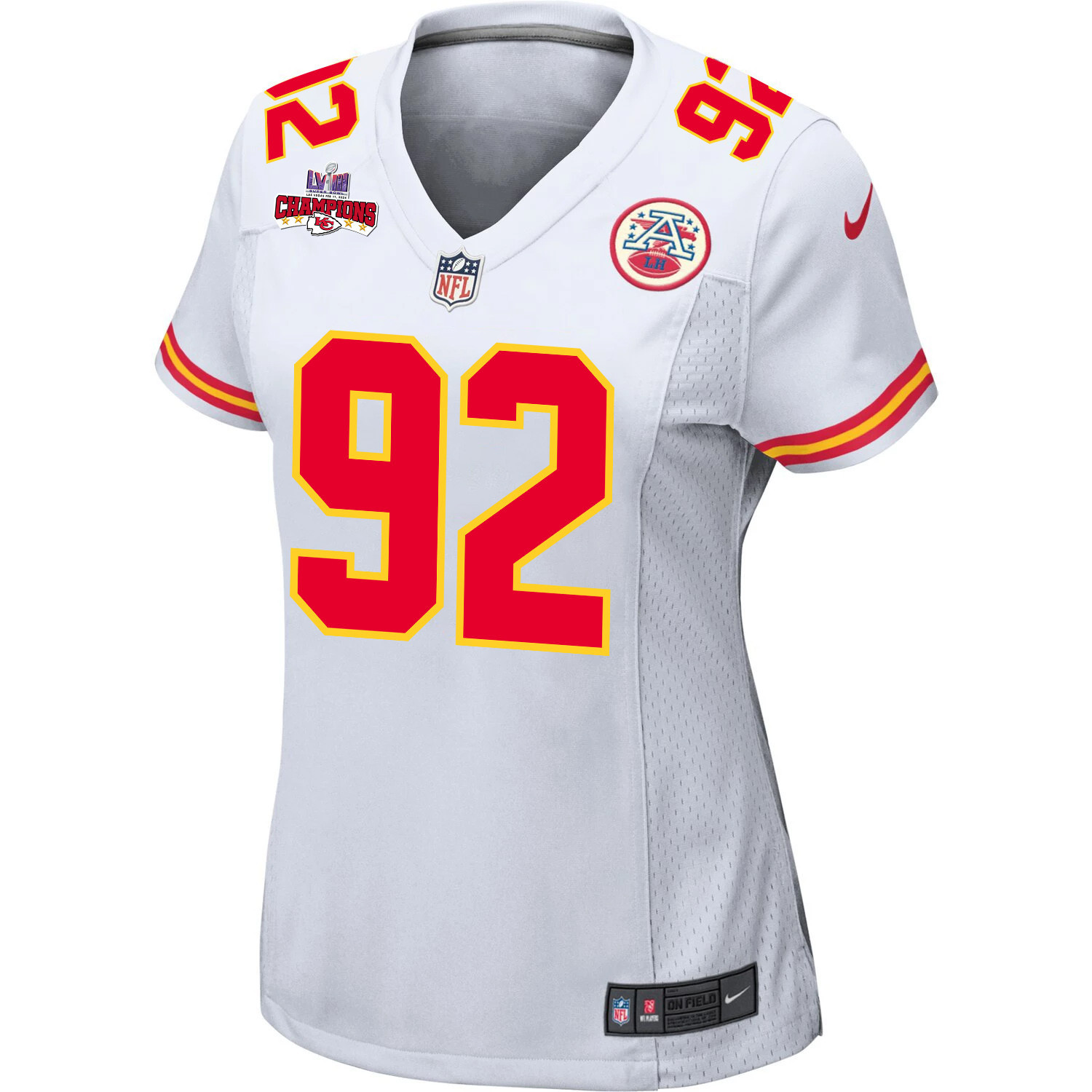 Neil Farrell 92 Kansas City Chiefs Super Bowl LVIII Champions 4 Stars Patch Game Women Jersey - White JS4815 nicesnker - Image 2