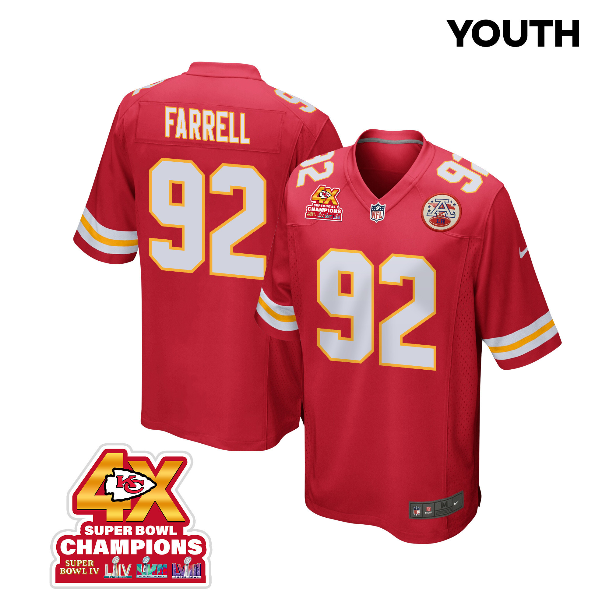 Neil Farrell 92 Kansas City Chiefs Super Bowl LVIII Champions 4X Game YOUTH Jersey - Red JS2815 nicesnker
