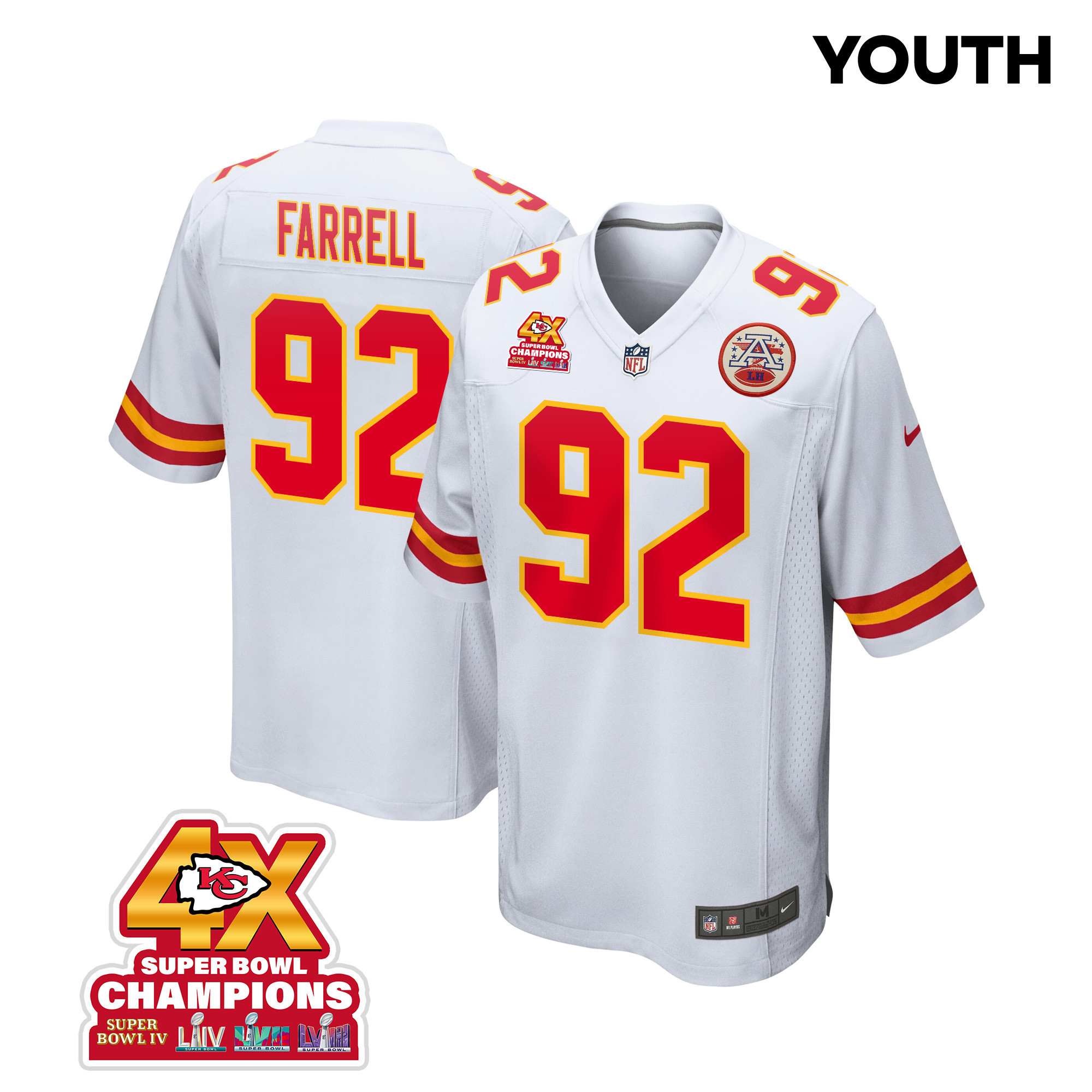 Neil Farrell 92 Kansas City Chiefs Super Bowl LVIII Champions 4X Game YOUTH Jersey - White JS4257 nicesnker