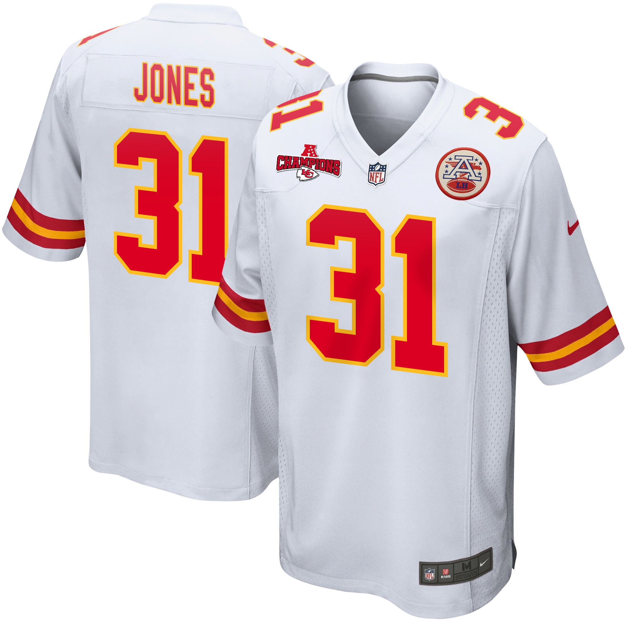 Nic Jones 31 Kansas City Chiefs AFC Champions Patch Game Men Jersey - White JS4555 nicesnker