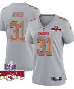 Nic Jones 31 Kansas City Chiefs Super Bowl LVIII Champions 4 Stars Patch Atmosphere Fashion Game Women Jersey - Gray JS9520 nicesnker