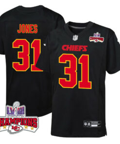 Nic Jones 31 Kansas City Chiefs Super Bowl LVIII Champions 4 Stars Patch Fashion Game YOUTH Jersey - Carbon Black JS1972 nicesnker