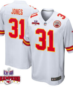 Nic Jones 31 Kansas City Chiefs Super Bowl LVIII Champions 4 Stars Patch Game Men Jersey - White JS6083 nicesnker