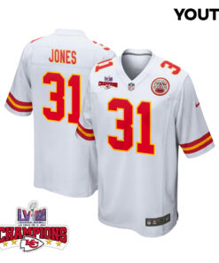 Nic Jones 31 Kansas City Chiefs Super Bowl LVIII Champions 4 Stars Patch Game YOUTH Jersey - White JS3376 nicesnker