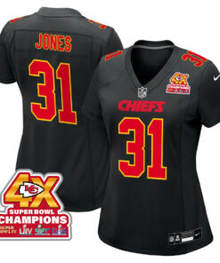 Nic Jones 31 Kansas City Chiefs Super Bowl LVIII Champions 4X Fashion Game Women Jersey - Carbon Black JS8261 nicesnker