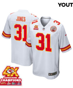 Nic Jones 31 Kansas City Chiefs Super Bowl LVIII Champions 4X Game YOUTH Jersey - White JS4250 nicesnker