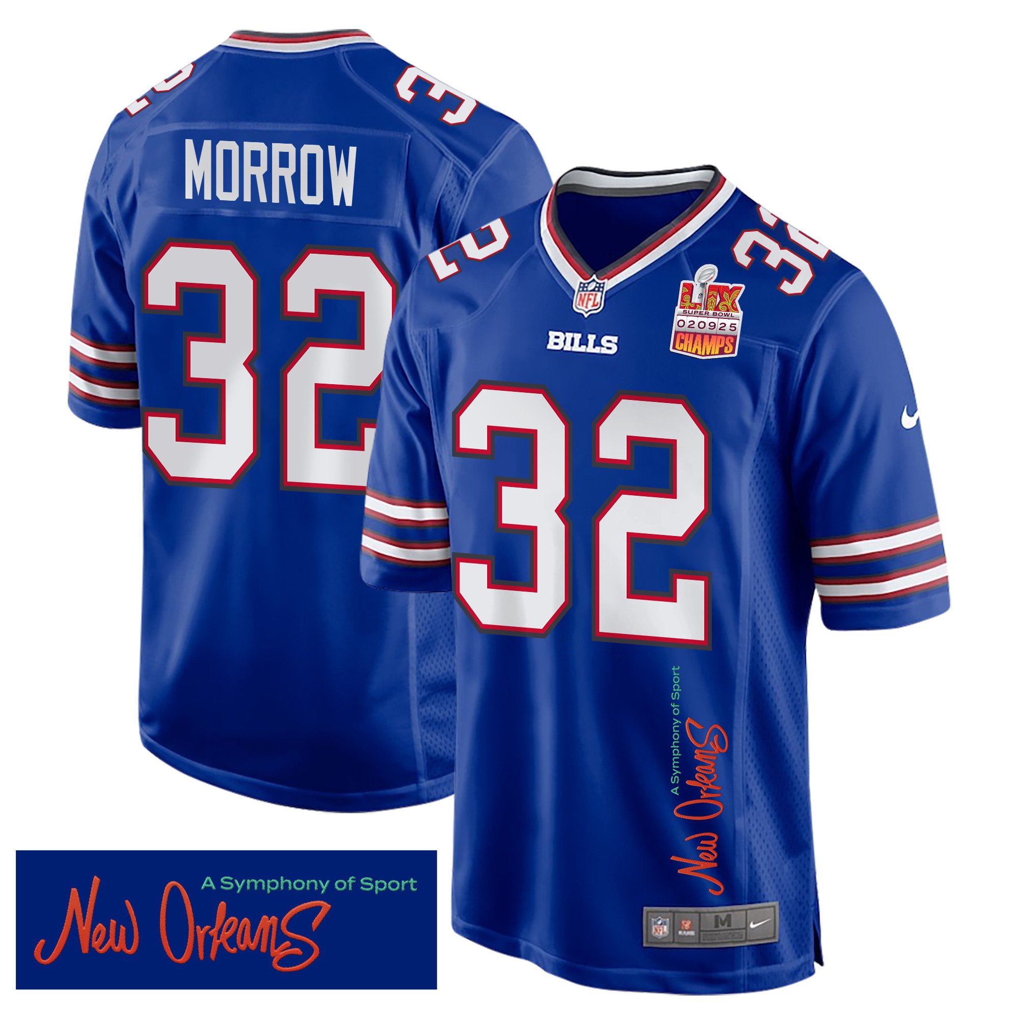 Nicholas Morrow 32 Buffalo Bills Super Bowl LIX Champions Patch 'New Orleans - A Symphony of Sport' EMBROIDERED Game Men Jersey - Royal JS7453 nicesnker