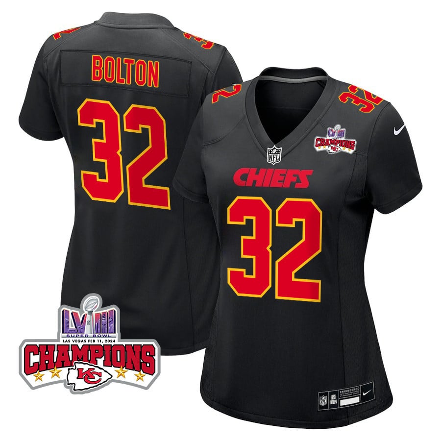 Nick Bolton 32 Kansas City Chiefs Super Bowl LVIII Champions 4 Stars Patch Fashion Game Women Jersey - Carbon Black JS6376 nicesnker