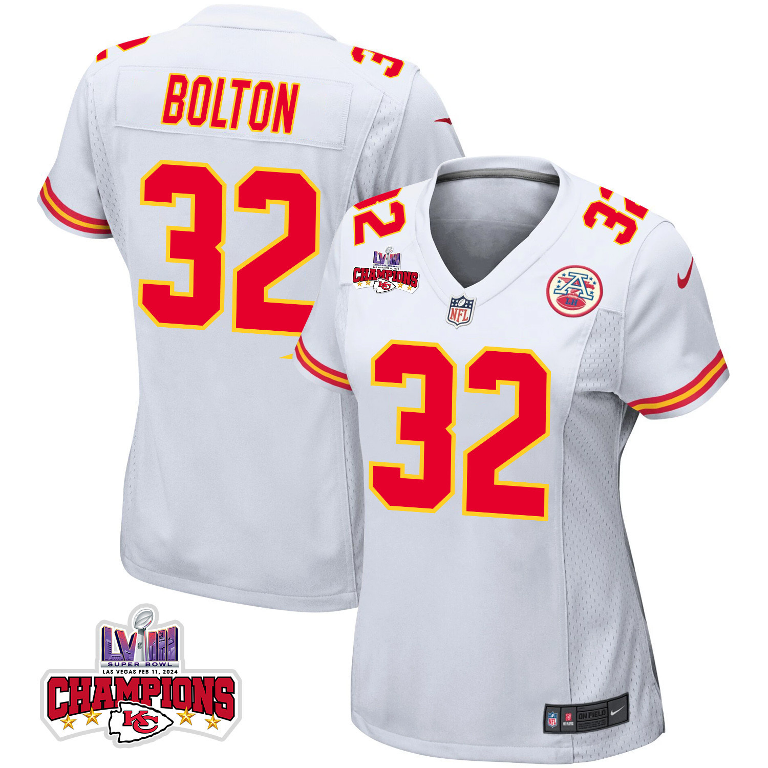 Nick Bolton 32 Kansas City Chiefs Super Bowl LVIII Champions 4 Stars Patch Game Women Jersey - White JS5189 nicesnker