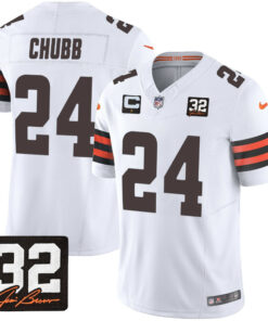 Nick Chubb 24 Cleveland Browns Jim Brown Memorial Patch Game Men Jersey - White JS7502 nicesnker