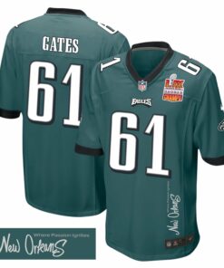 Nick Gates 61 Philadelphia Eagles Super Bowl LIX Champions Patch 'New Orleans - Where Passion Ignites' EMBROIDERED Game Men Jersey - Midnight Green JS1691 nicesnker