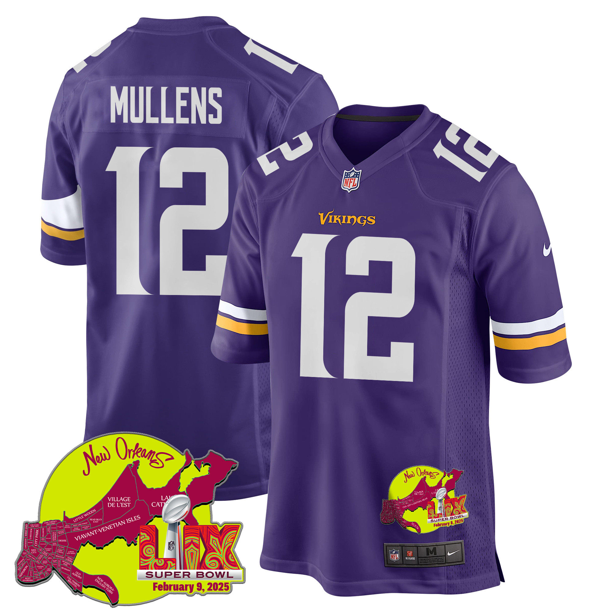 Nick Mullens 12 Minnesota Vikings Super Bowl LIX New Orleans Patch Game Men Jersey - Purple JS3086 nicesnker