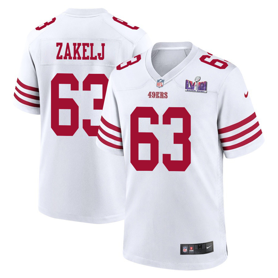 Nick Zakelj 63 San Francisco 49ers Super Bowl LVIII Patch Game Men Jersey - White JS9274 nicesnker
