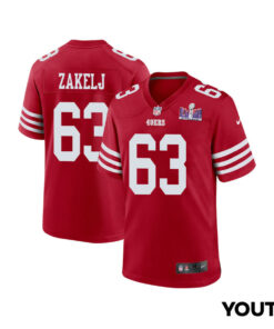 Nick Zakelj 63 San Francisco 49ers Super Bowl LVIII Patch Game YOUTH Jersey - Scarlet JS4512 nicesnker