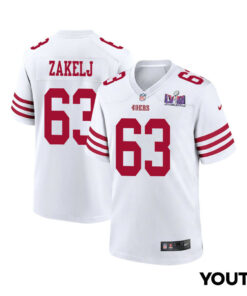 Nick Zakelj 63 San Francisco 49ers Super Bowl LVIII Patch Game YOUTH Jersey - White JS8752 nicesnker