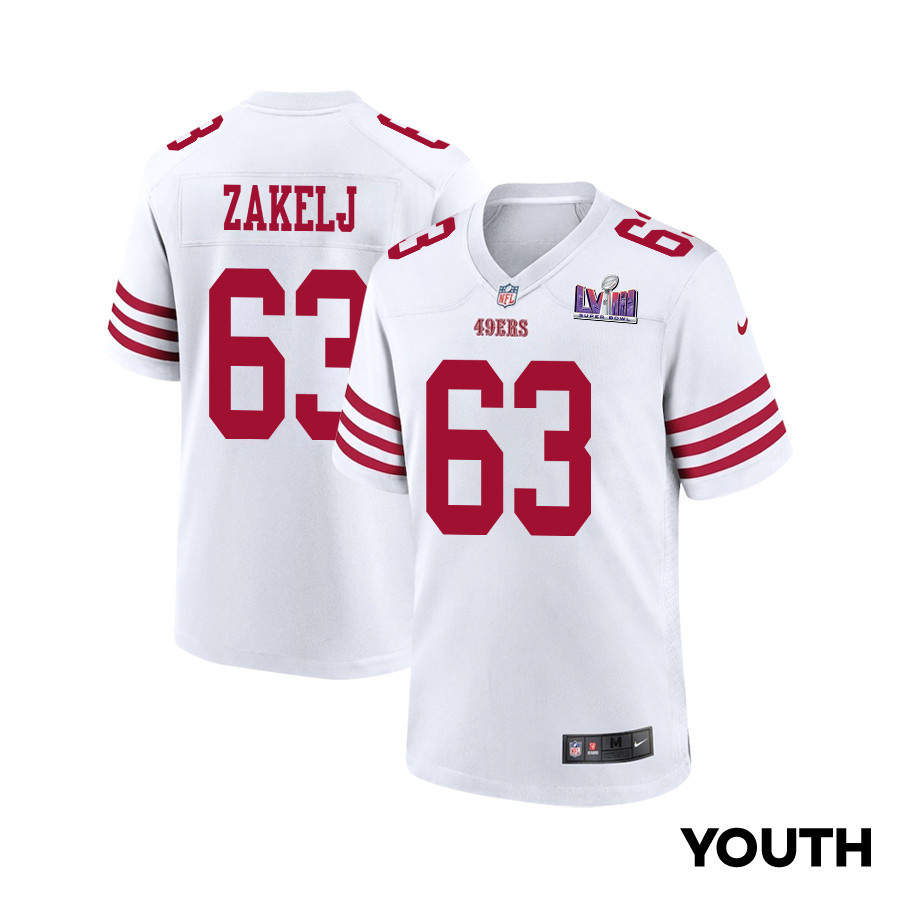 Nick Zakelj 63 San Francisco 49ers Super Bowl LVIII Patch Game YOUTH Jersey - White JS8752 nicesnker