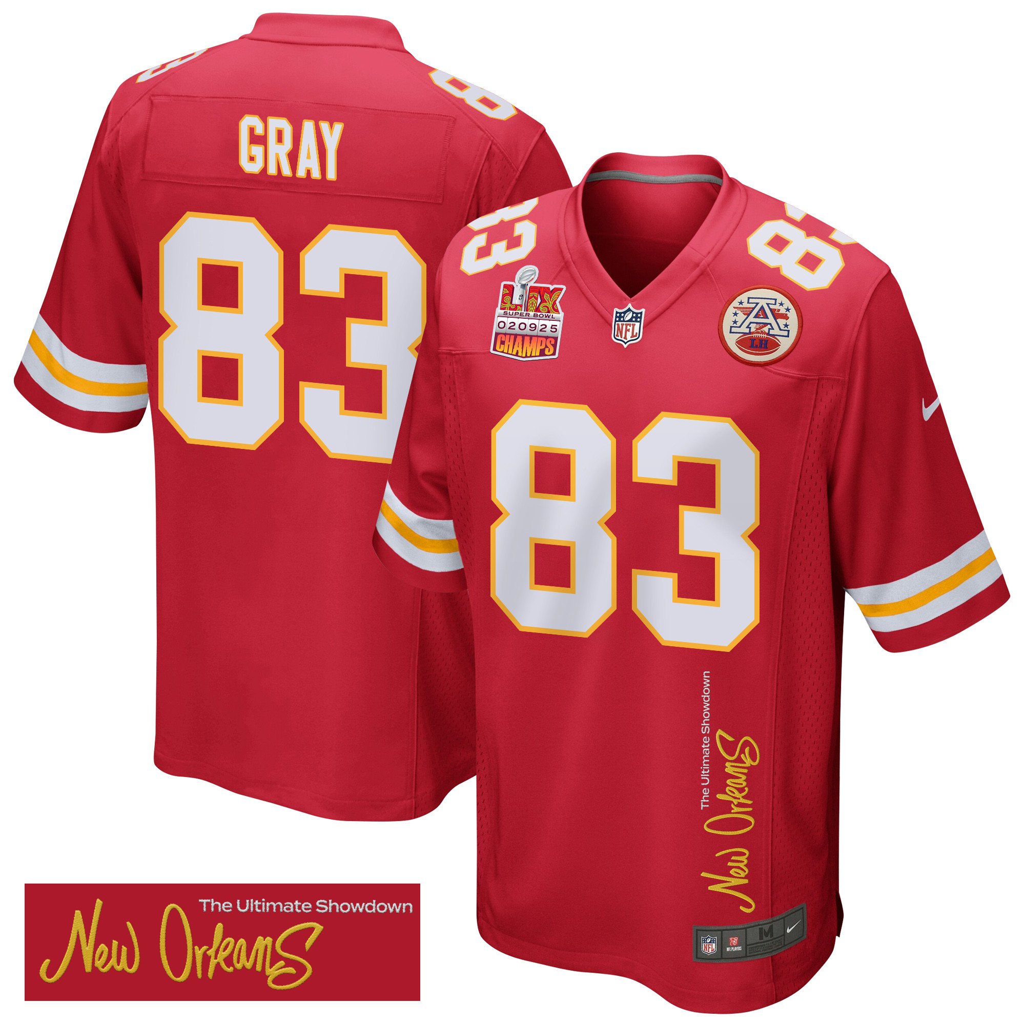 Noah Gray 83 Kansas City Chiefs Super Bowl LIX Champions Patch 'New Orleans - The Ultimate Showdown' EMBROIDERED Game Men Jersey - Red JS5530 nicesnker