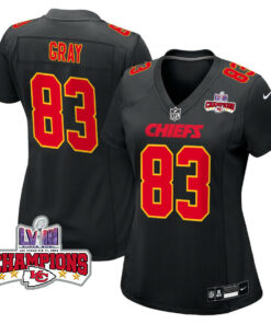 Noah Gray 83 Kansas City Chiefs Super Bowl LVIII Champions 4 Stars Patch Fashion Game Women Jersey - Carbon Black JS5643 nicesnker