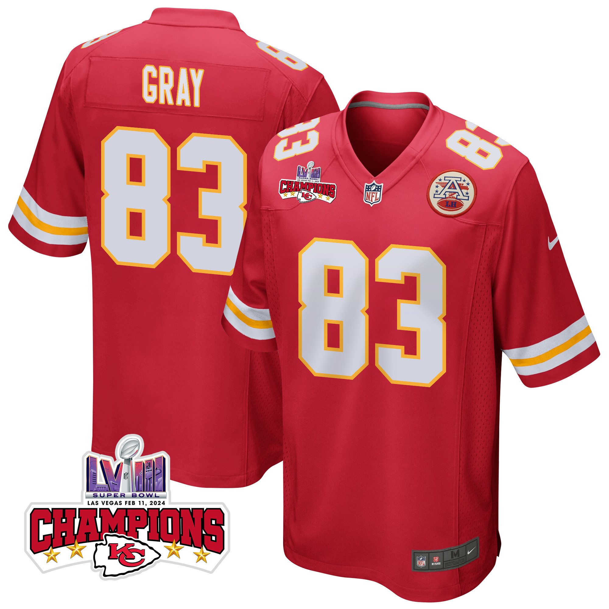 Noah Gray 83 Kansas City Chiefs Super Bowl LVIII Champions 4 Stars Patch Game Men Jersey - Red JS9149 nicesnker