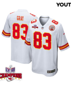 Noah Gray 83 Kansas City Chiefs Super Bowl LVIII Champions 4 Stars Patch Game YOUTH Jersey - White JS2241 nicesnker