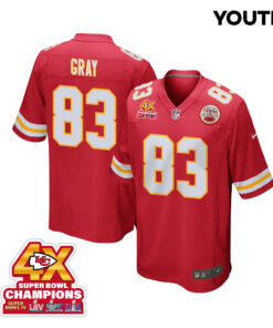 Noah Gray 83 Kansas City Chiefs Super Bowl LVIII Champions 4X Game YOUTH Jersey - Red JS8411 nicesnker