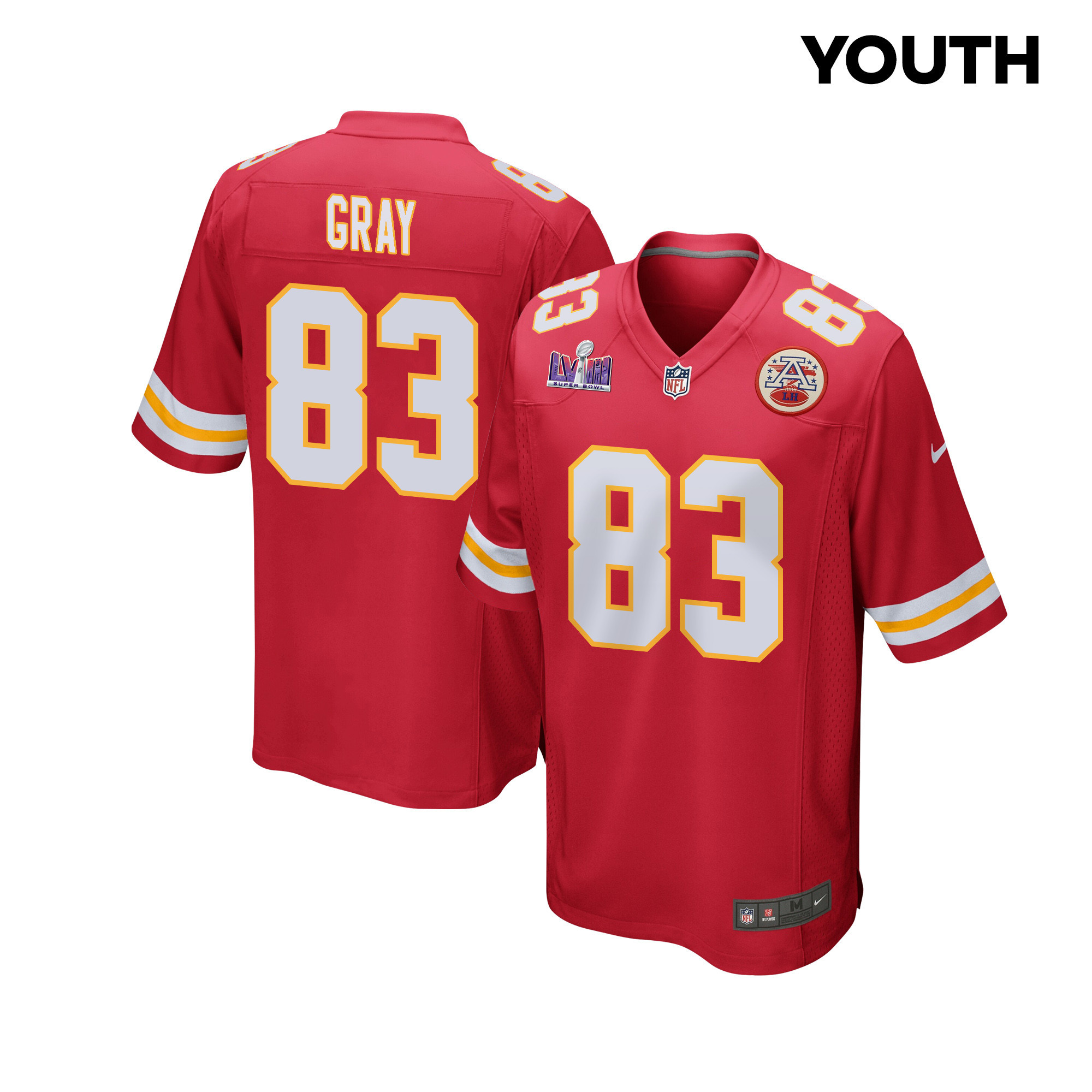 Noah Gray 83 Kansas City Chiefs Super Bowl LVIII Patch Game YOUTH Jersey - Red JS1334 nicesnker