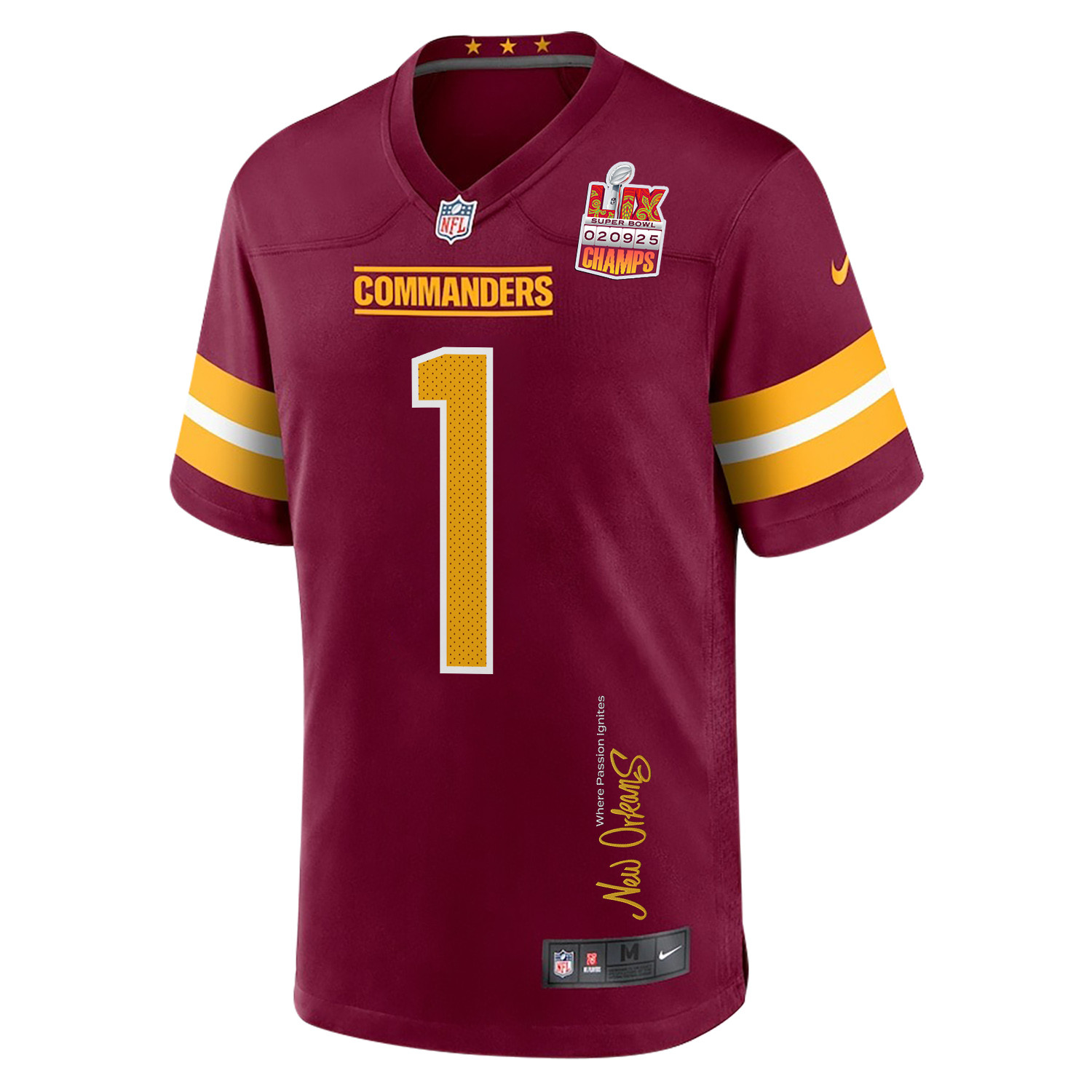 Noah Igbinoghene 1 Washington Commanders Super Bowl LIX Champions Patch 'New Orleans - Where Passion Ignites' EMBROIDERED Game Men Jersey - Burgundy JS4465 nicesnker - Image 3