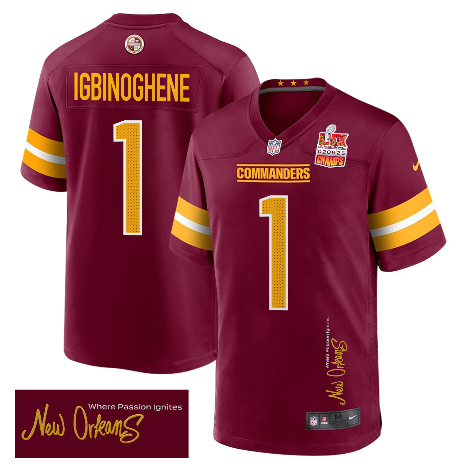Noah Igbinoghene 1 Washington Commanders Super Bowl LIX Champions Patch 'New Orleans - Where Passion Ignites' EMBROIDERED Game Men Jersey - Burgundy JS4465 nicesnker