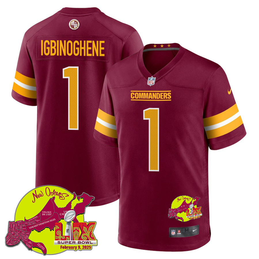Noah Igbinoghene 1 Washington Commanders Super Bowl LIX New Orleans Patch Game Men Jersey - Burgundy JS3045 nicesnker