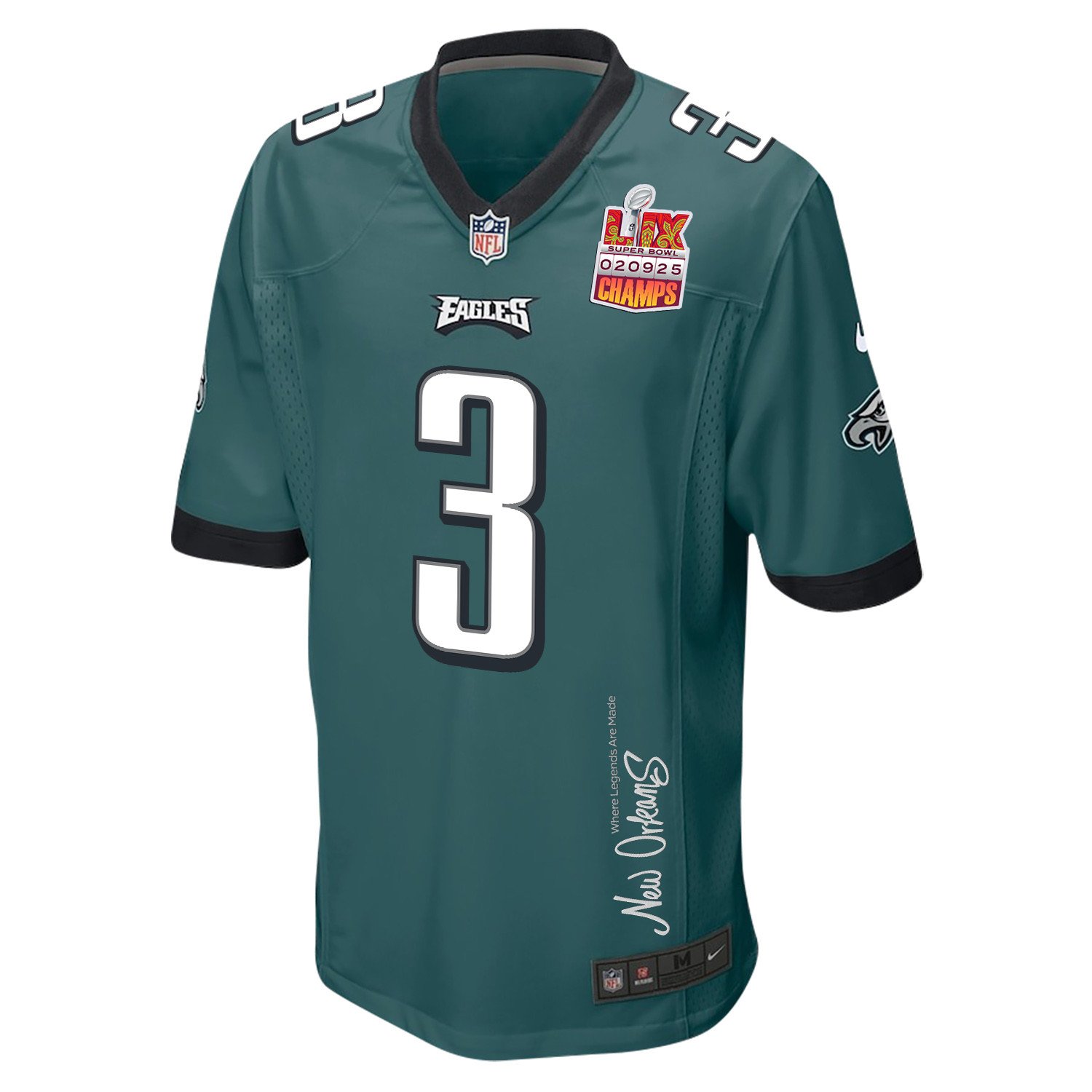 Nolan Smith Jr. 3 Philadelphia Eagles Super Bowl LIX Champions Patch 'New Orleans - Where Legends Are Made' EMBROIDERED Game Men Jersey - Midnight Green JS8871 nicesnker - Image 3