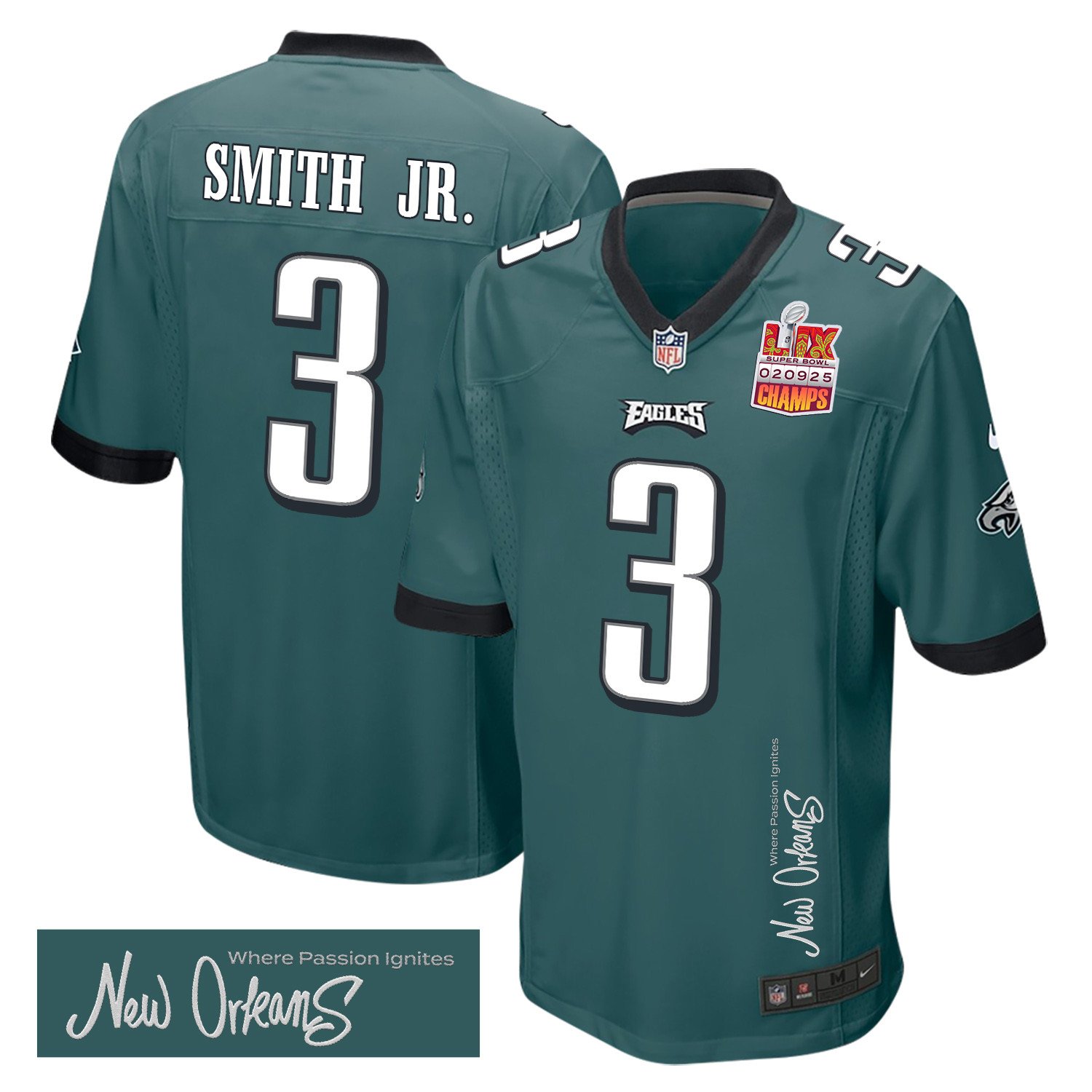 Nolan Smith Jr. 3 Philadelphia Eagles Super Bowl LIX Champions Patch 'New Orleans - Where Passion Ignites' EMBROIDERED Game Men Jersey - Midnight Green JS6390 nicesnker