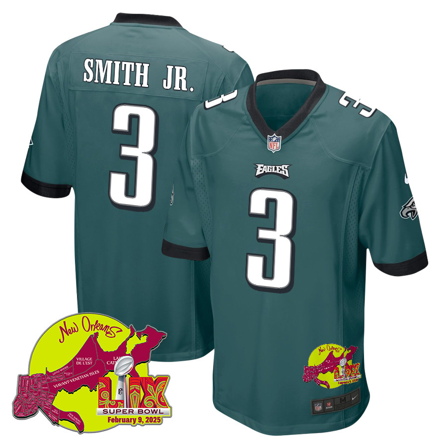 Nolan Smith Jr. 3 Philadelphia Eagles Super Bowl LIX New Orleans Patch Game Men Jersey - Midnight Green JS5881 nicesnker