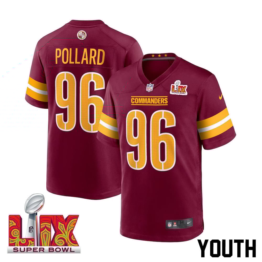 Norell Pollard #96 Washington Commanders Super Bowl LIX Youth Jersey - Burgundy JS8401 nicesnker