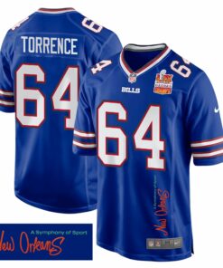 O'Cyrus Torrence 64 Buffalo Bills Super Bowl LIX Champions Patch 'New Orleans - A Symphony of Sport' EMBROIDERED Game Men Jersey - Royal JS5966 nicesnker