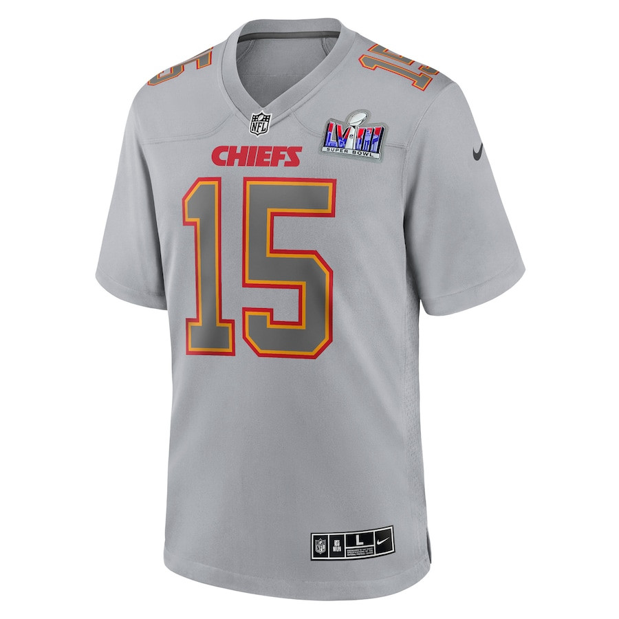 Patrick Mahomes 15 Kansas City Chiefs Super Bowl LVIII Atmosphere Fashion Game Men Jersey - Gray JS2417 nicesnker - Image 2