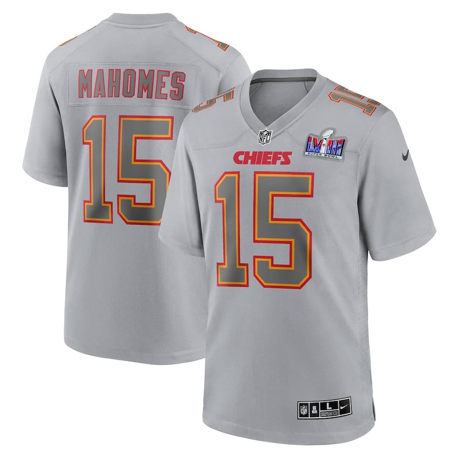 Patrick Mahomes 15 Kansas City Chiefs Super Bowl LVIII Atmosphere Fashion Game Men Jersey - Gray JS2417 nicesnker