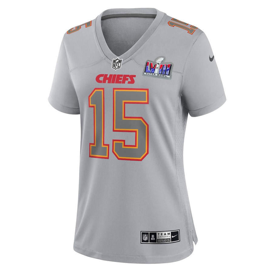 Patrick Mahomes 15 Kansas City Chiefs Super Bowl LVIII Atmosphere Fashion Game Women Jersey - Gray JS2286 nicesnker - Image 2