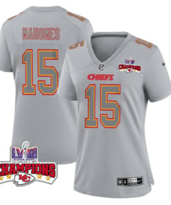 Patrick Mahomes 15 Kansas City Chiefs Super Bowl LVIII Champions 4 Stars Patch Atmosphere Fashion Game Women Jersey - Gray JS8505 nicesnker