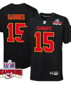Patrick Mahomes 15 Kansas City Chiefs Super Bowl LVIII Champions 4 Stars Patch Fashion Game YOUTH Jersey - Carbon Black JS5132 nicesnker