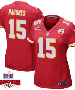 Patrick Mahomes 15 Kansas City Chiefs Super Bowl LVIII Champions 4 Stars Patch Game Women Jersey - Red JS5531 nicesnker