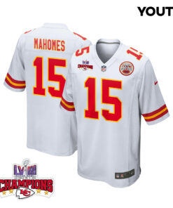 Patrick Mahomes 15 Kansas City Chiefs Super Bowl LVIII Champions 4 Stars Patch Game YOUTH Jersey - White JS3305 nicesnker