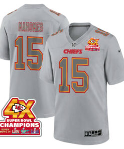 Patrick Mahomes 15 Kansas City Chiefs Super Bowl LVIII Champions 4X Atmosphere Fashion Game Men Jersey - Gray JS8270 nicesnker