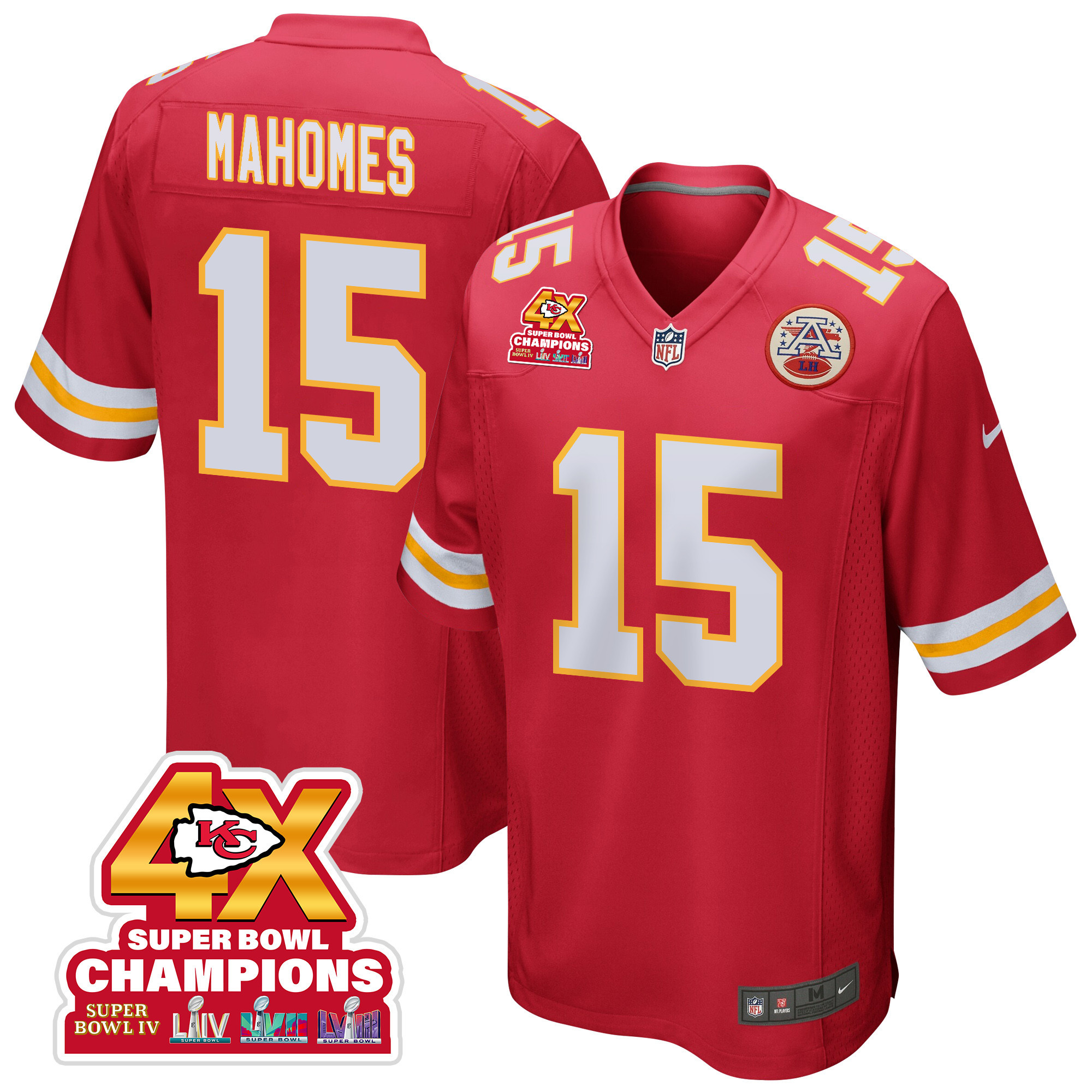 Patrick Mahomes 15 Kansas City Chiefs Super Bowl LVIII Champions 4X Game Men Jersey - Red JS9942 nicesnker
