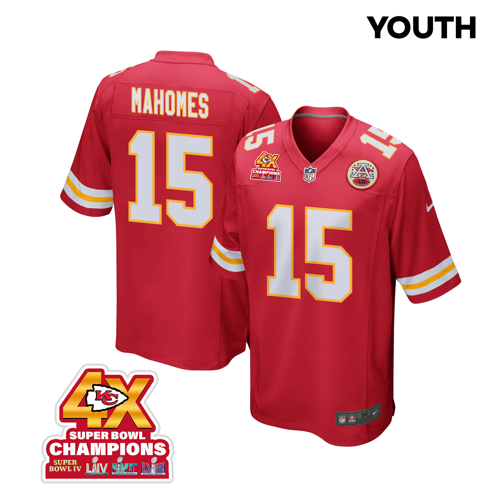 Patrick Mahomes 15 Kansas City Chiefs Super Bowl LVIII Champions 4X Game YOUTH Jersey - Red JS8534 nicesnker