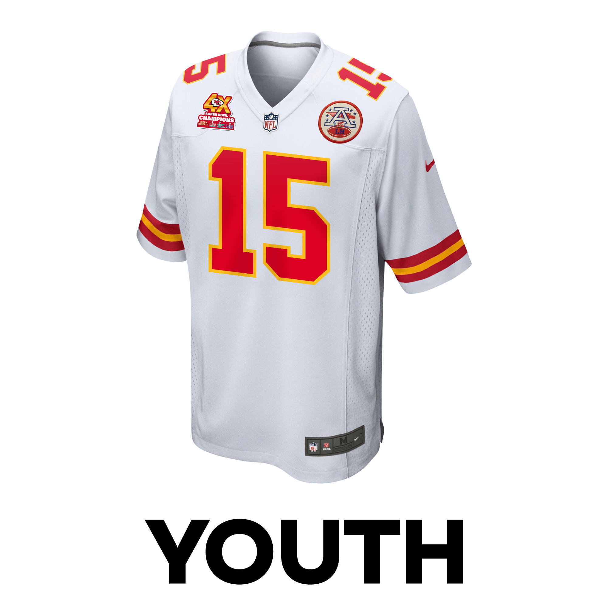 Patrick Mahomes 15 Kansas City Chiefs Super Bowl LVIII Champions 4X Game YOUTH Jersey - White JS6082 nicesnker - Image 2