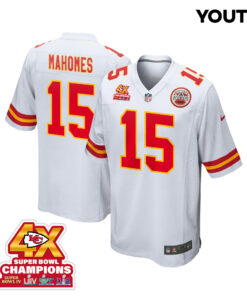 Patrick Mahomes 15 Kansas City Chiefs Super Bowl LVIII Champions 4X Game YOUTH Jersey - White JS6082 nicesnker